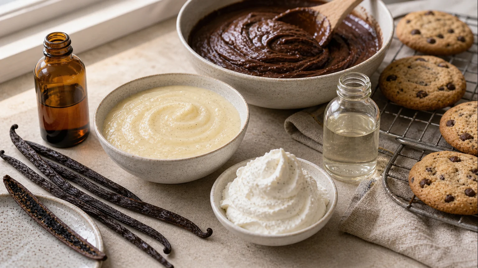Real vanilla beans, two unlabeled extract bottles, cookies, custard, chocolate cake batter, and whipped cream
