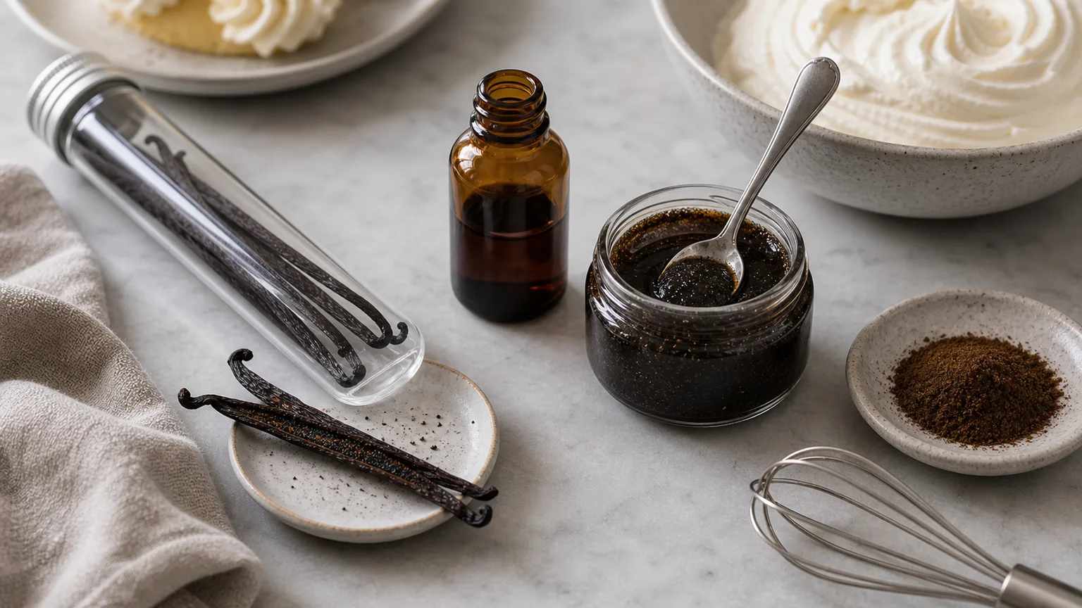 Vanilla beans in a tube, unlabeled extract bottle, paste spoon, powder dish, cracked bean, and whipped cream
