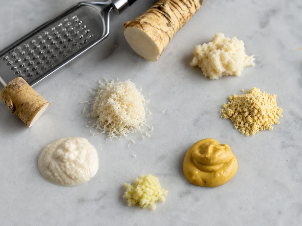 Prepared horseradish, fresh horseradish, mustard powder, mustard paste, and ginger in measured portions - wasabi substitutes | KnowTheSpices