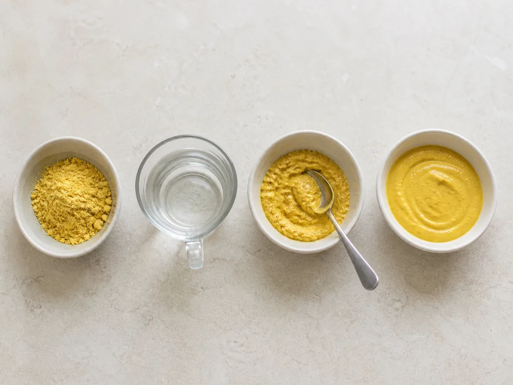 Mustard powder mixed with measured cold water through four paste stages - mustard paste wasabi substitute | KnowTheSpices
