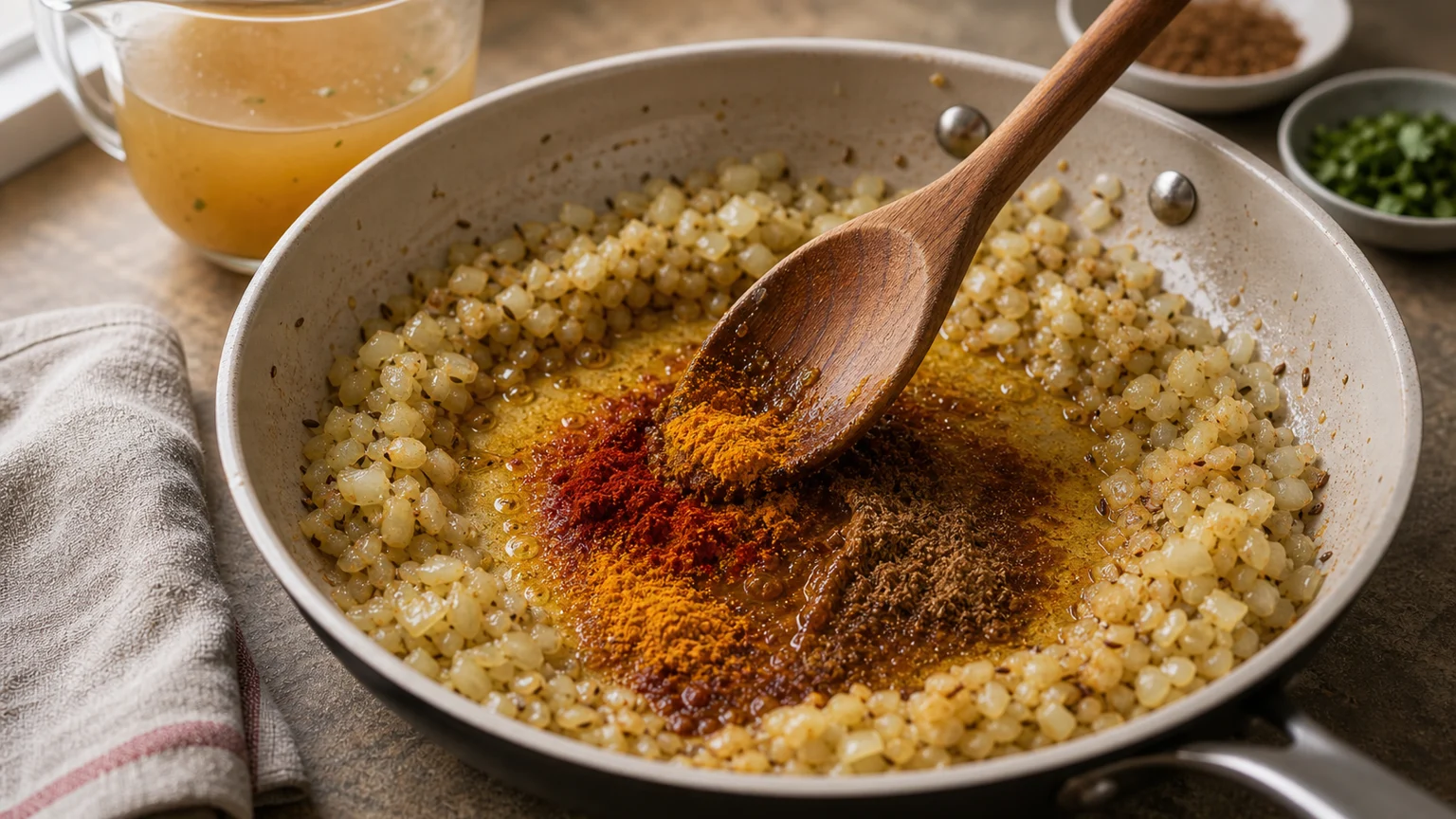 Ground spices blooming in oil beside softened onions with broth waiting nearby