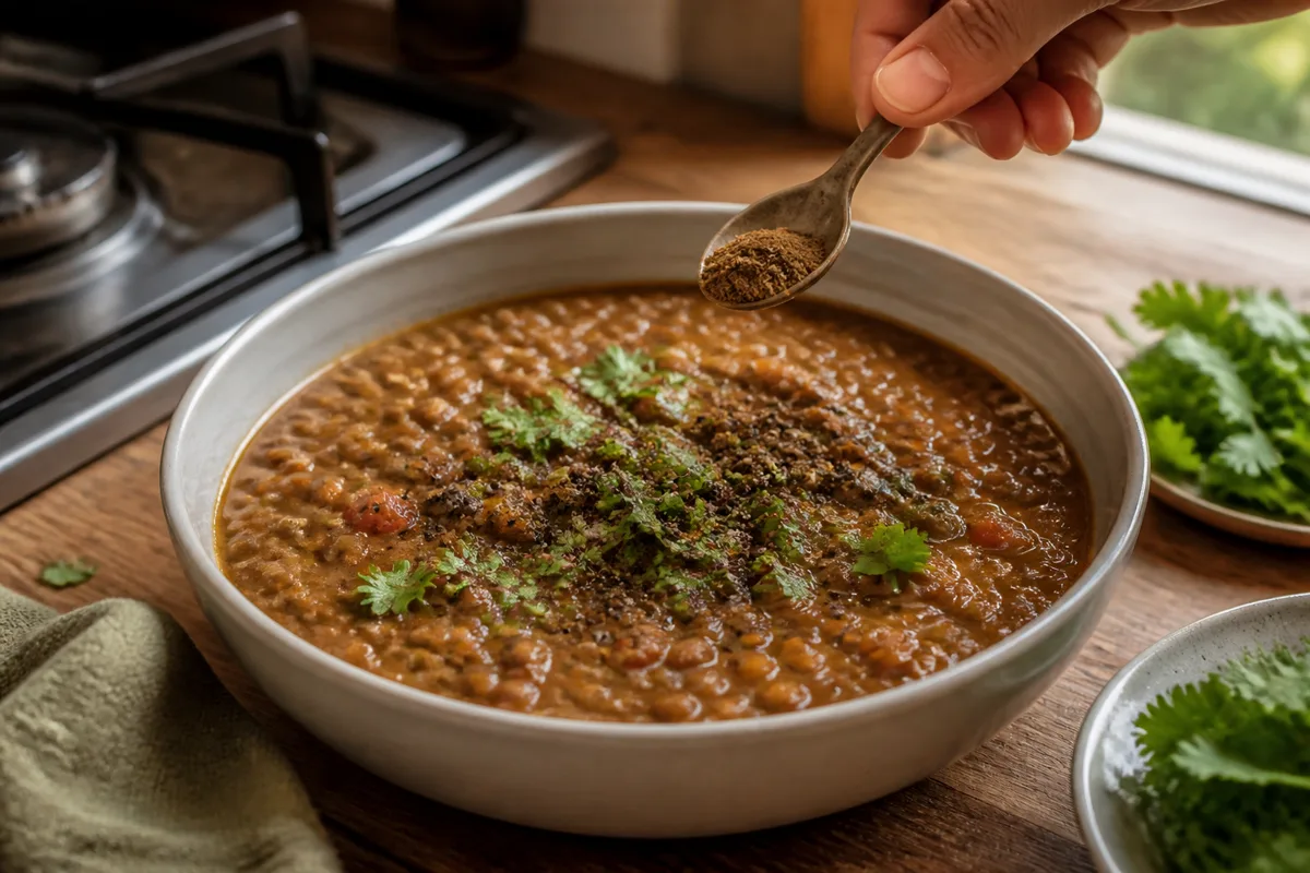 A small spoon of garam masala and cracked black pepper finishing a cooked lentil stew - late spice timing | KnowTheSpices