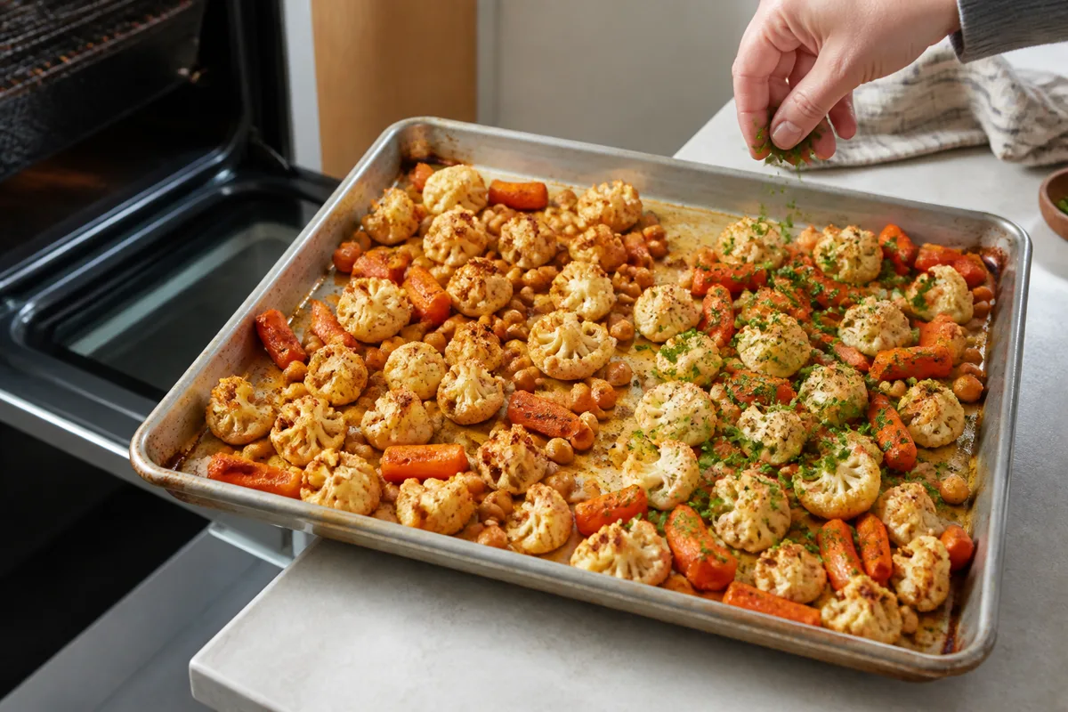Roasted cauliflower carrots and chickpeas with integrated ground spices on one side and fresh herbs added after roasting on the other - oven spice timing | KnowTheSpices