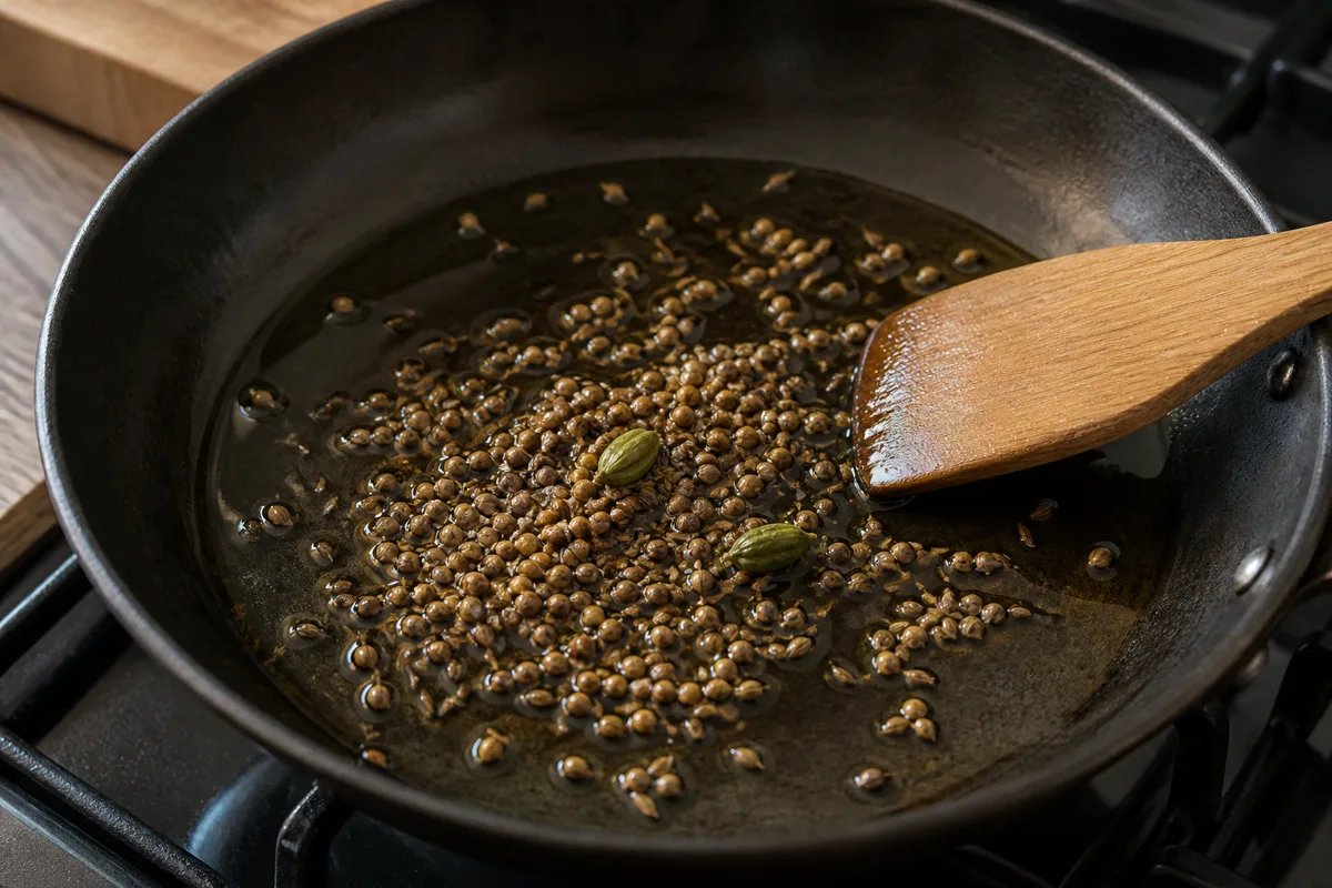 Cumin and coriander seeds with green cardamom pods glistening in a shallow skillet - early whole-spice timing cue | KnowTheSpices