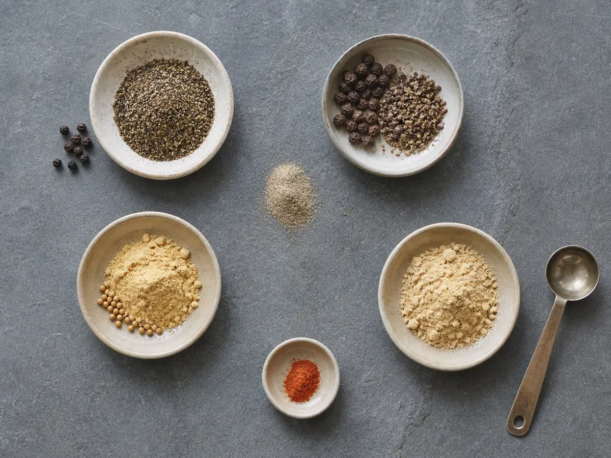 Black pepper, grains of paradise, mustard powder, ground ginger, and cayenne arranged around ground white pepper - white pepper substitutes | KnowTheSpices