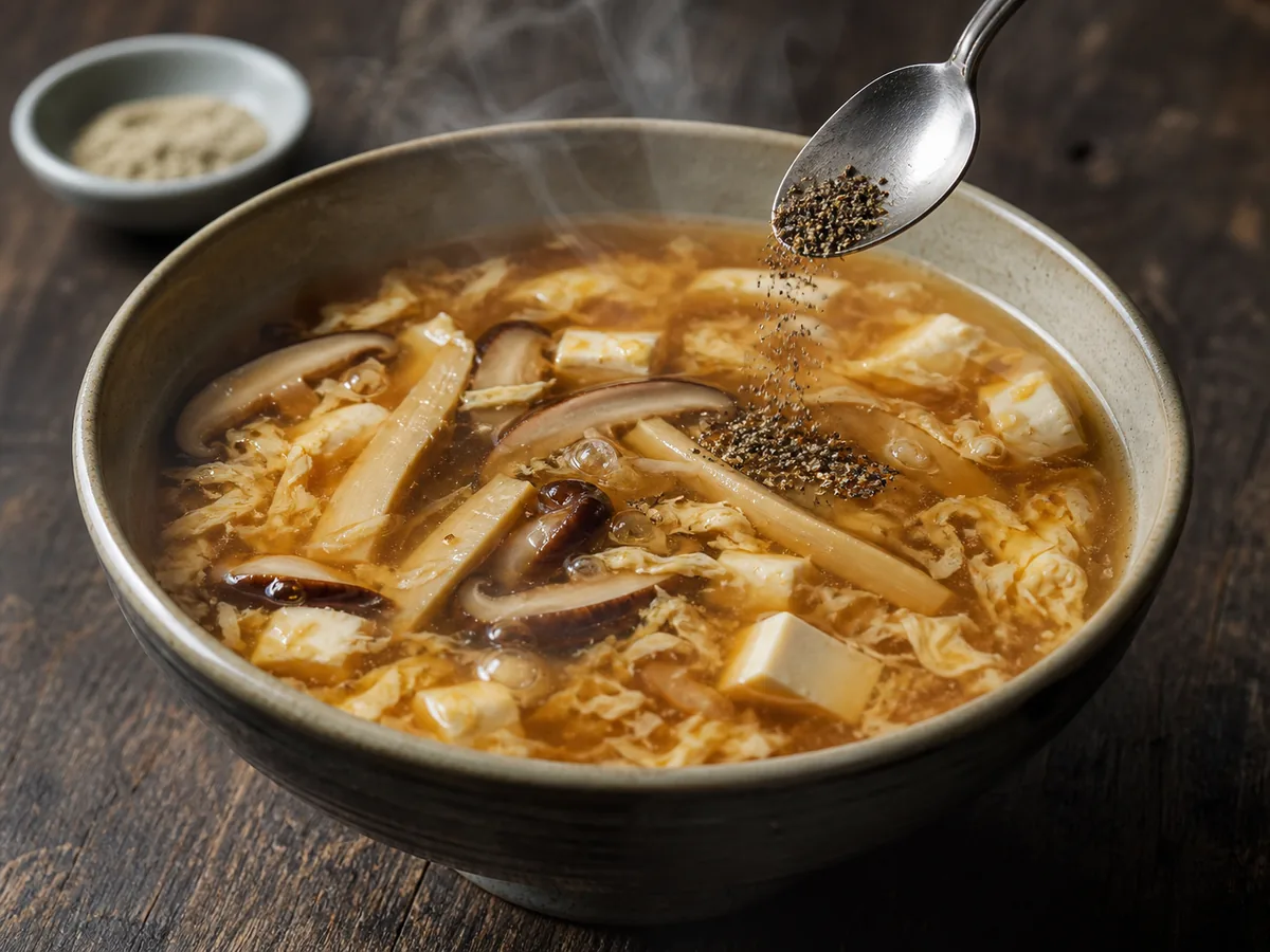 Finely ground black pepper being added late to hot-and-sour soup with tofu, mushroom, bamboo shoots, and egg ribbons - white pepper substitute | KnowTheSpices