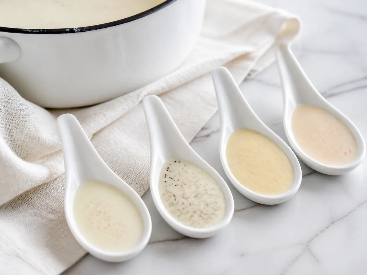 Four pale sauce samples showing clean ivory, black pepper flecks, yellow mustard tint, and pink cayenne tint - white pepper substitute test | KnowTheSpices