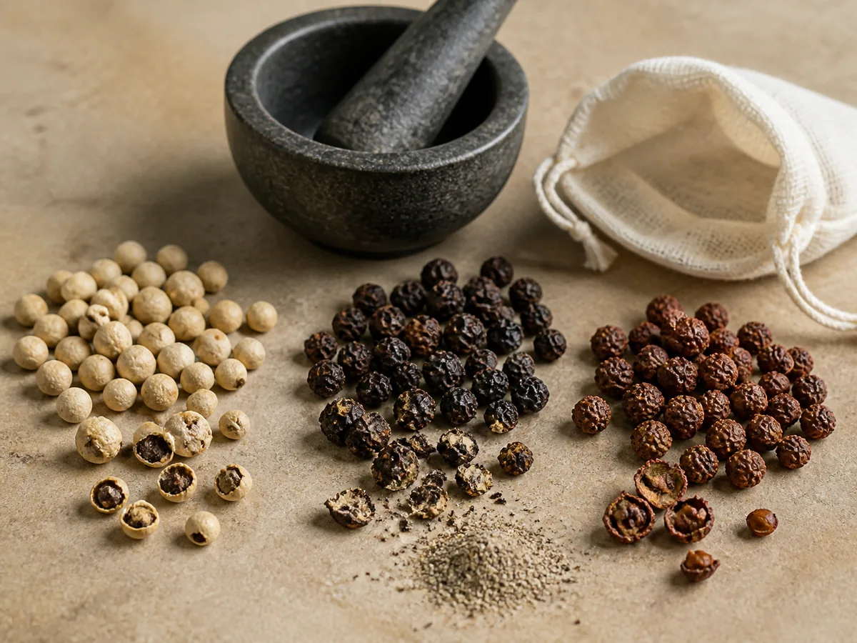 Whole and cracked white peppercorns, black peppercorns, and grains of paradise beside a mortar and spice sachet - whole white pepper substitutes | KnowTheSpices