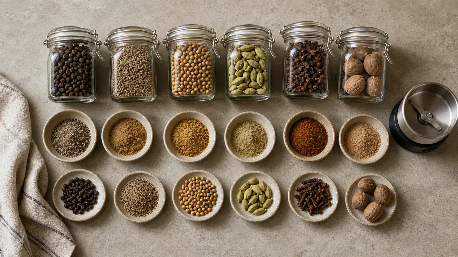 Whole peppercorns, cumin, coriander, cardamom, cloves, and nutmeg beside matching ground spices and a grinder