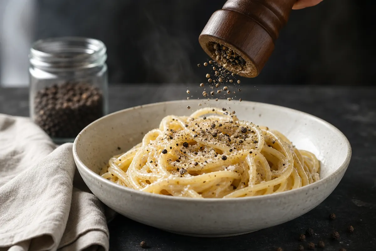 Fresh black pepper ground over cacio e pepe beside whole peppercorns - whole vs ground spices | KnowTheSpices