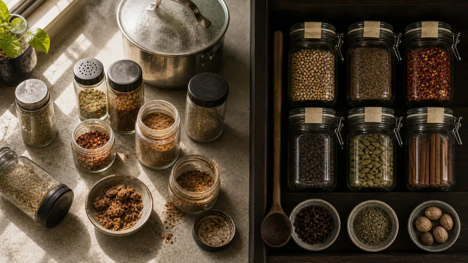 Spice jars near steam and sunlight contrasted with sealed jars stored in a dark drawer