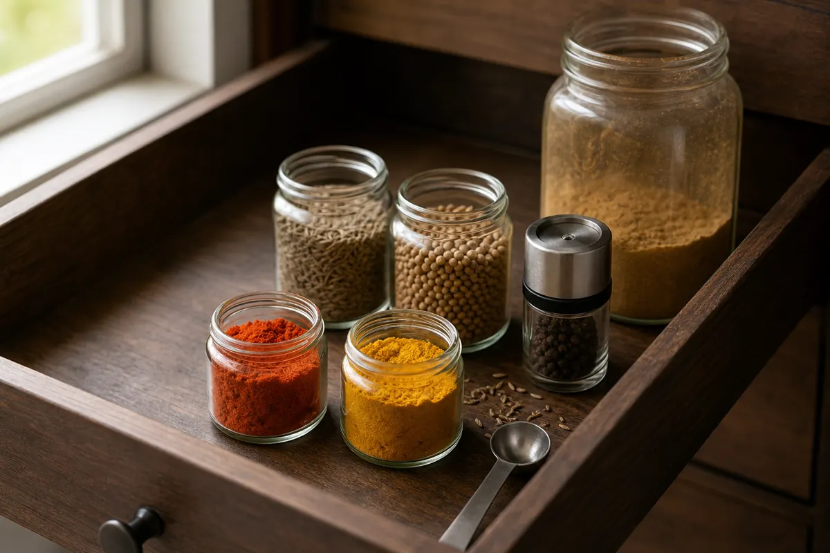 Small ground-spice jars beside larger whole-spice jars and a grinder show buying size based on kitchen turnover - whole vs ground spices | KnowTheSpices