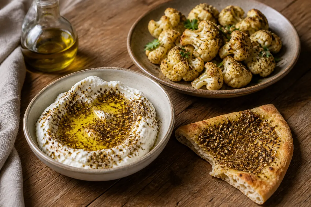 Za'atar paired with olive oil and labneh, flatbread, and roasted cauliflower