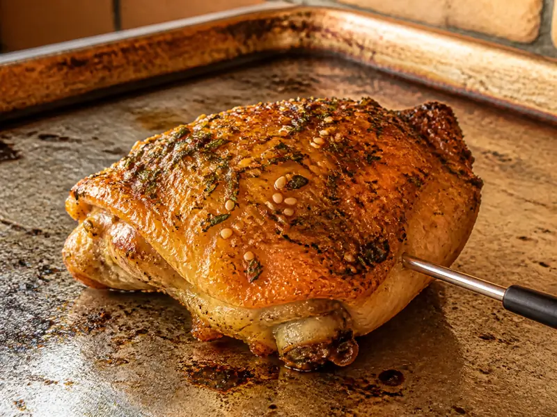 Crisp za'atar chicken thigh with an instant-read thermometer placed beside the bone - za'atar chicken doneness | KnowTheSpices