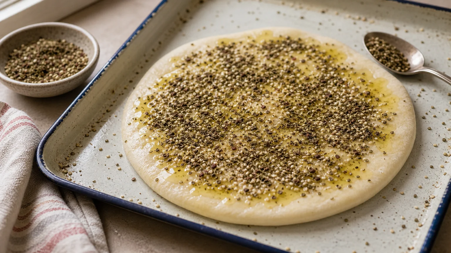 Raw flatbread spread with an even za'atar and olive oil paste before baking