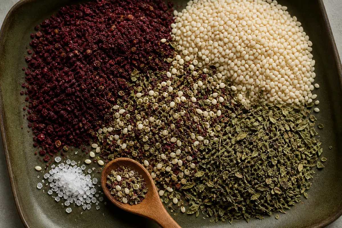 Four components of za'atar arranged separately with dried herbs, red sumac, sesame seeds, and salt around a mixed bowl