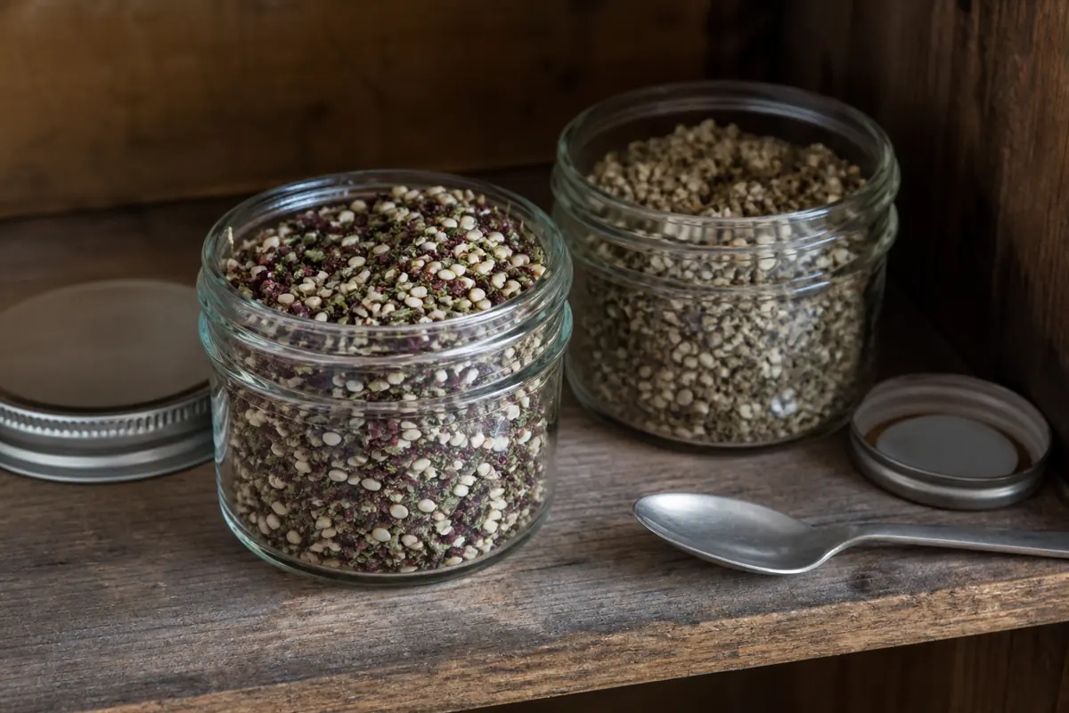 Fresh vivid za'atar beside a faded dull jar showing the visual difference caused by age