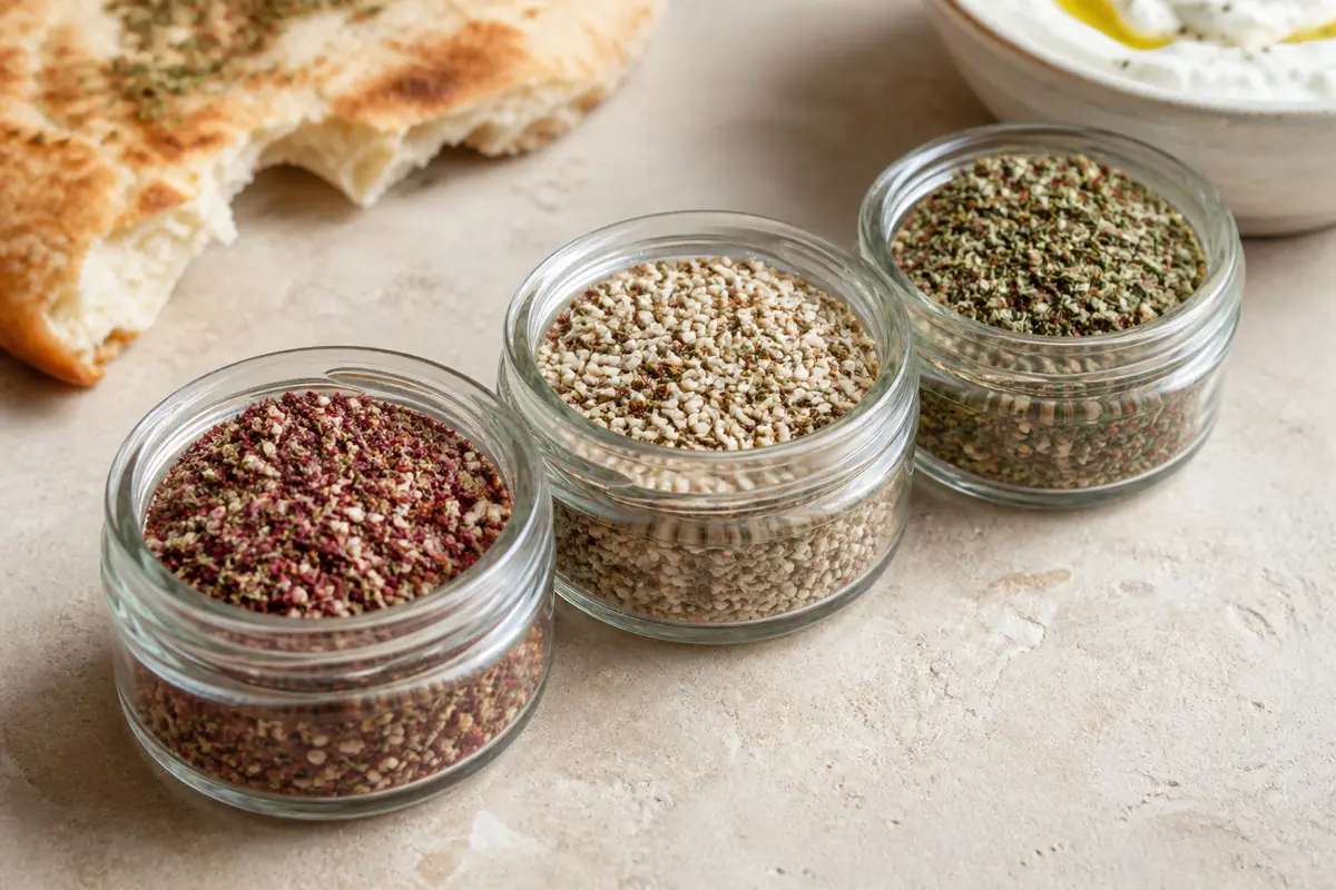 Three open jars of za'atar showing red sumac-forward, pale sesame-forward, and green herb-forward blends