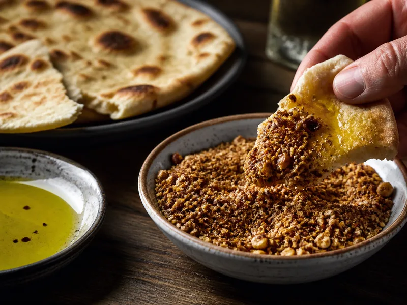 Coarse dukkah clinging to oil-dipped flatbread beside a finer zaatar reference pinch