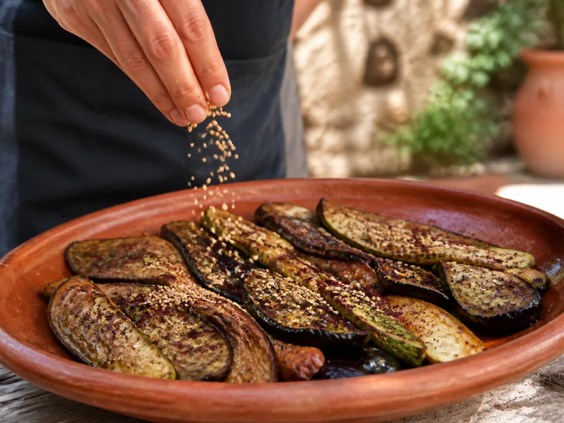 Herbes de Provence and sumac pressed onto eggplant and zucchini with sesame held back for finishing