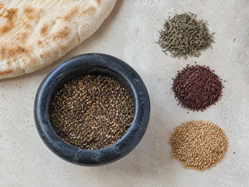 Dried thyme, crimson sumac, and toasted sesame mixed coarsely beside olive oil and flatbread