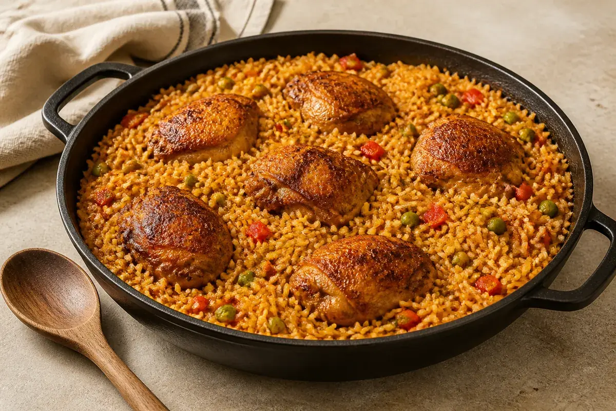 One-pot arroz con pollo with browned chicken and separate orange-gold rice - arroz con pollo with sazón | KnowTheSpices
