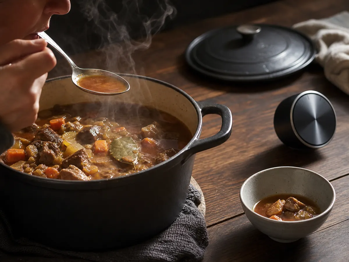 Hot stew being tasted beside a cooled sample and timer - flavor balancing after resting | KnowTheSpices