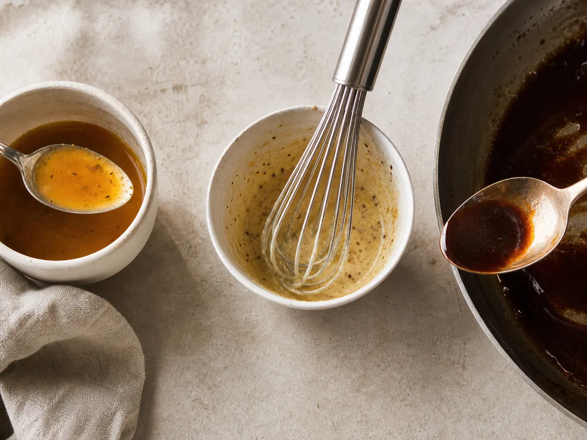 Soup tasting cup, separately whisked dressing, and reduced glaze showing flavor correction by food structure - flavor balancing | KnowTheSpices