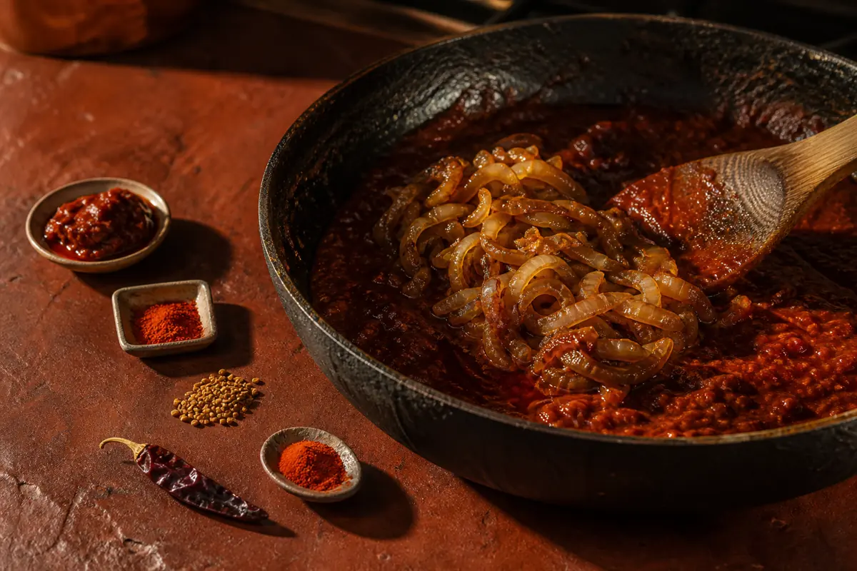 Red stew base with cooked onions, harissa, fenugreek, paprika, and chile corrections - berbere substitutes | KnowTheSpices
