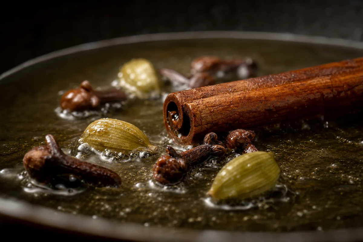 A cinnamon stick, cloves, and cardamom gently sizzling in shallow shimmering oil with fine bubbles and no smoke