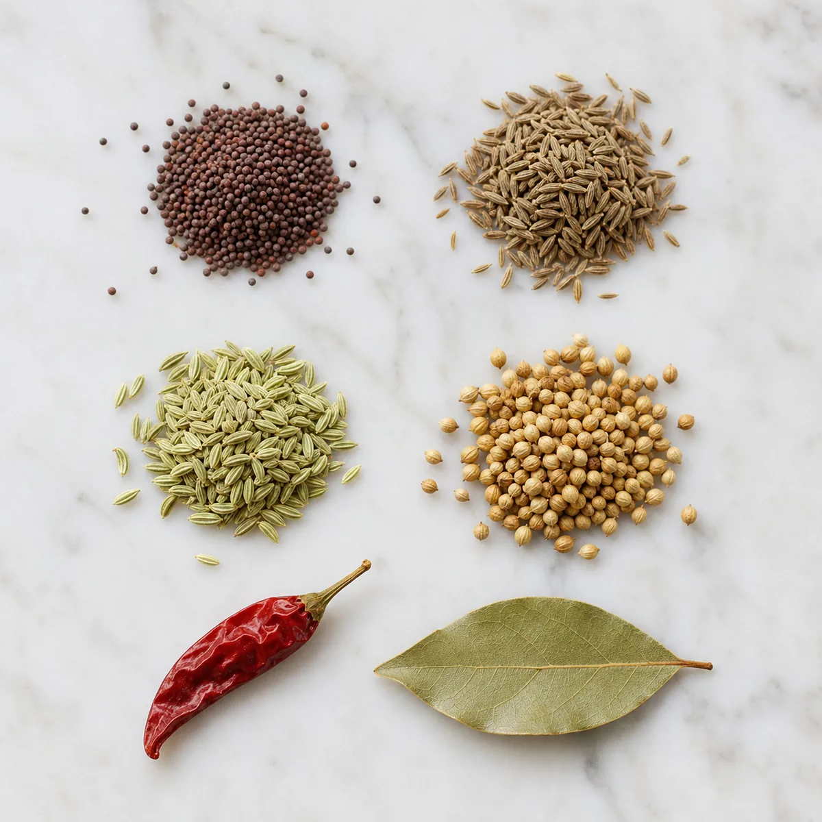 Whole mustard, cumin, fennel, and coriander seeds with a dried red chile and a bay leaf grouped on light marble