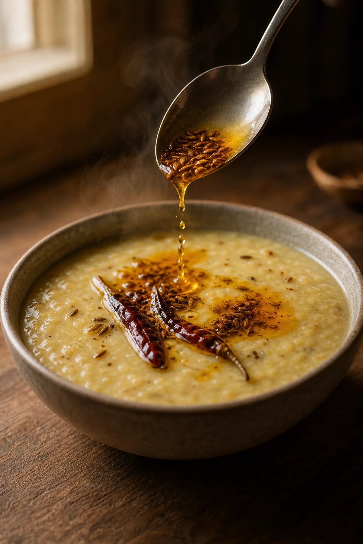 A spoon pouring golden bloomed spice oil with cumin and chile over a bowl of pale creamy lentil dal
