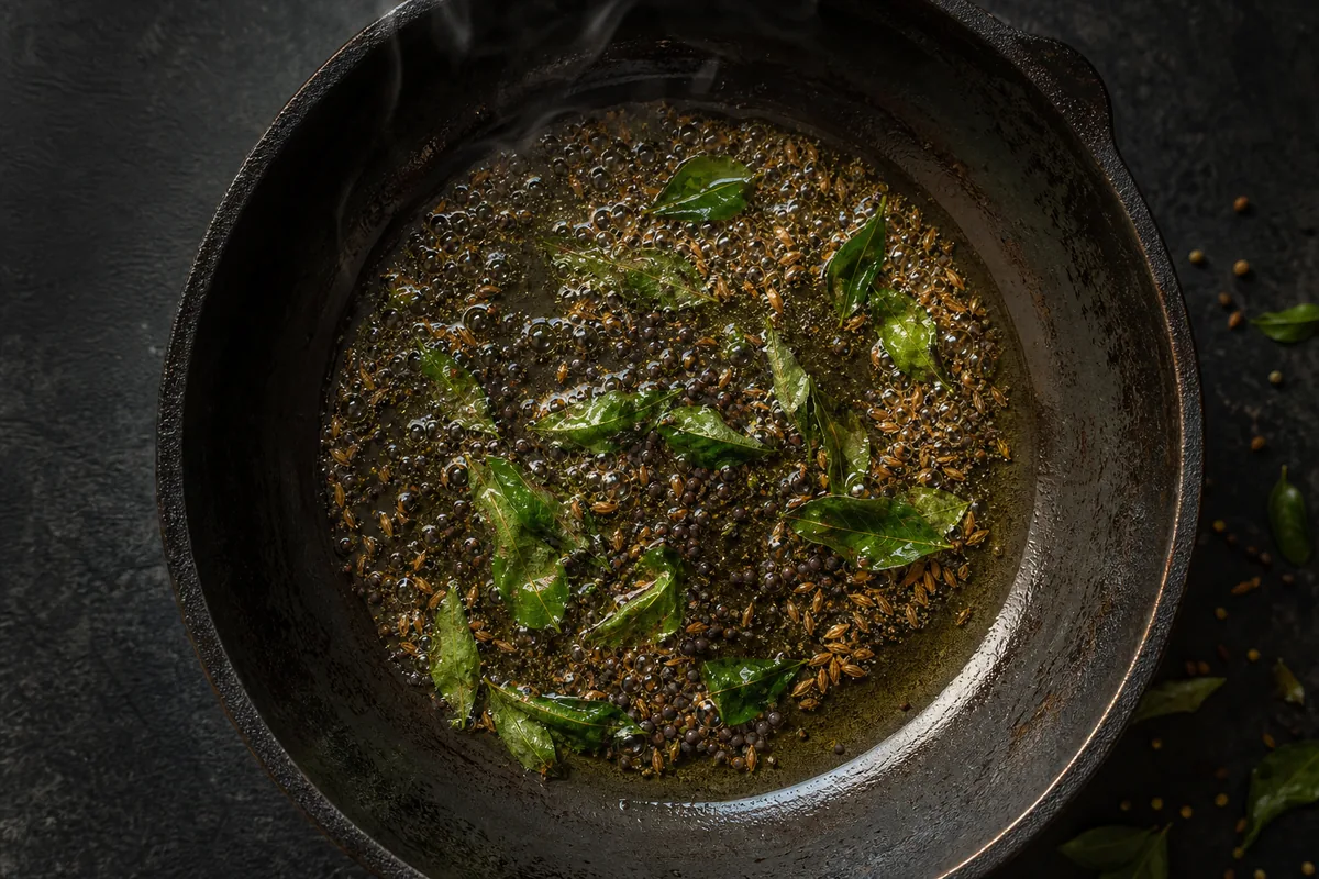 Black mustard seeds popping with curry leaves and cumin seeds in golden ghee in a dark skillet