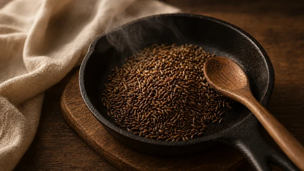 Toasted cumin seeds in a small cast iron skillet with a wooden spoon