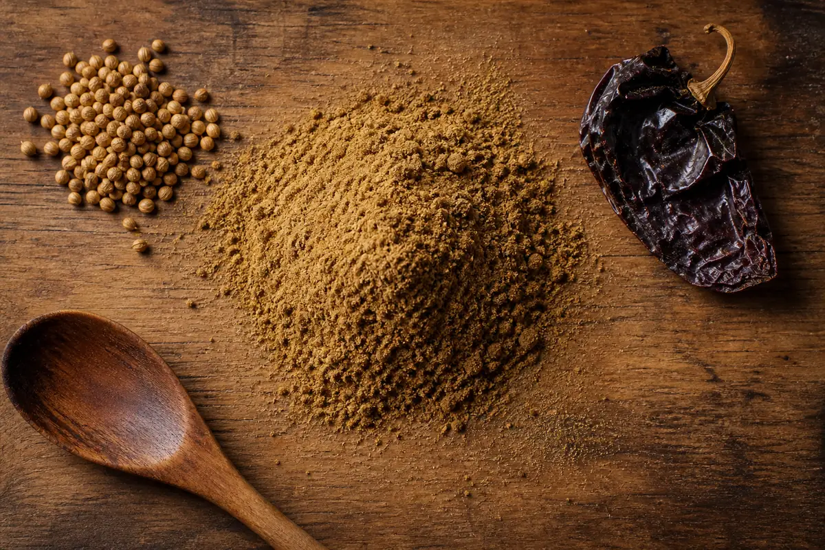 A large mound of ground cumin beside smaller piles of coriander seed and a dried chile on an oak board