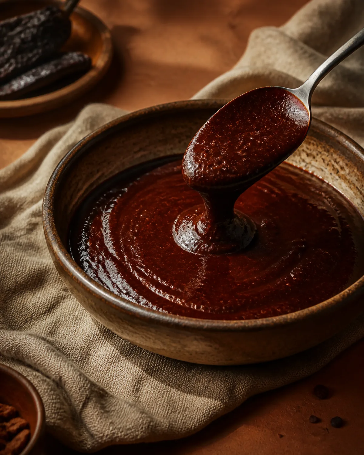 A dark glossy mole style sauce in a rustic bowl with a spoon lifting a little to show its silky texture