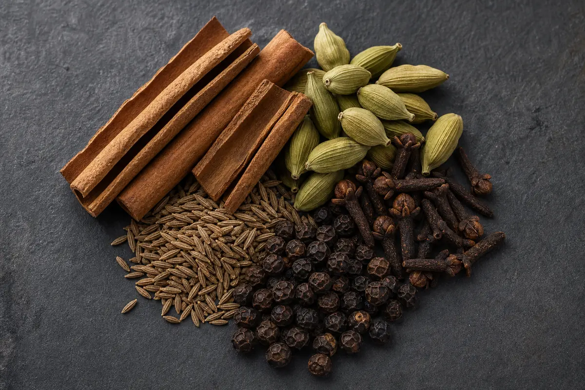 Whole cinnamon bark, green cardamom, cloves, cumin seeds, and black peppercorns grouped together on dark slate