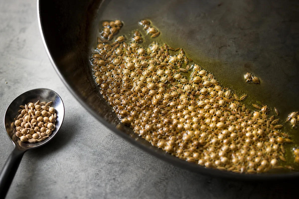 Whole cumin and coriander seeds blooming in shimmering oil in a skillet next to a spoon of the same raw seeds