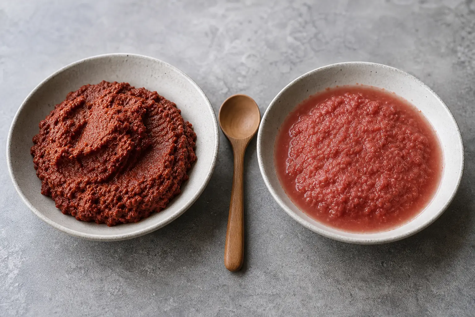Two bowls showing thick spoonable spice paste and an overly watery paste - making spice pastes | KnowTheSpices