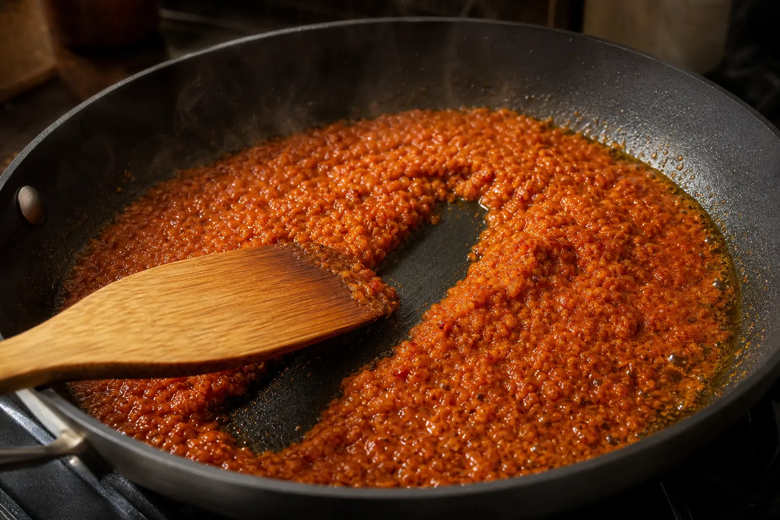 Three cooking stages of spice paste showing steam, concentration, and glossy oil at the edges - making spice pastes | KnowTheSpices