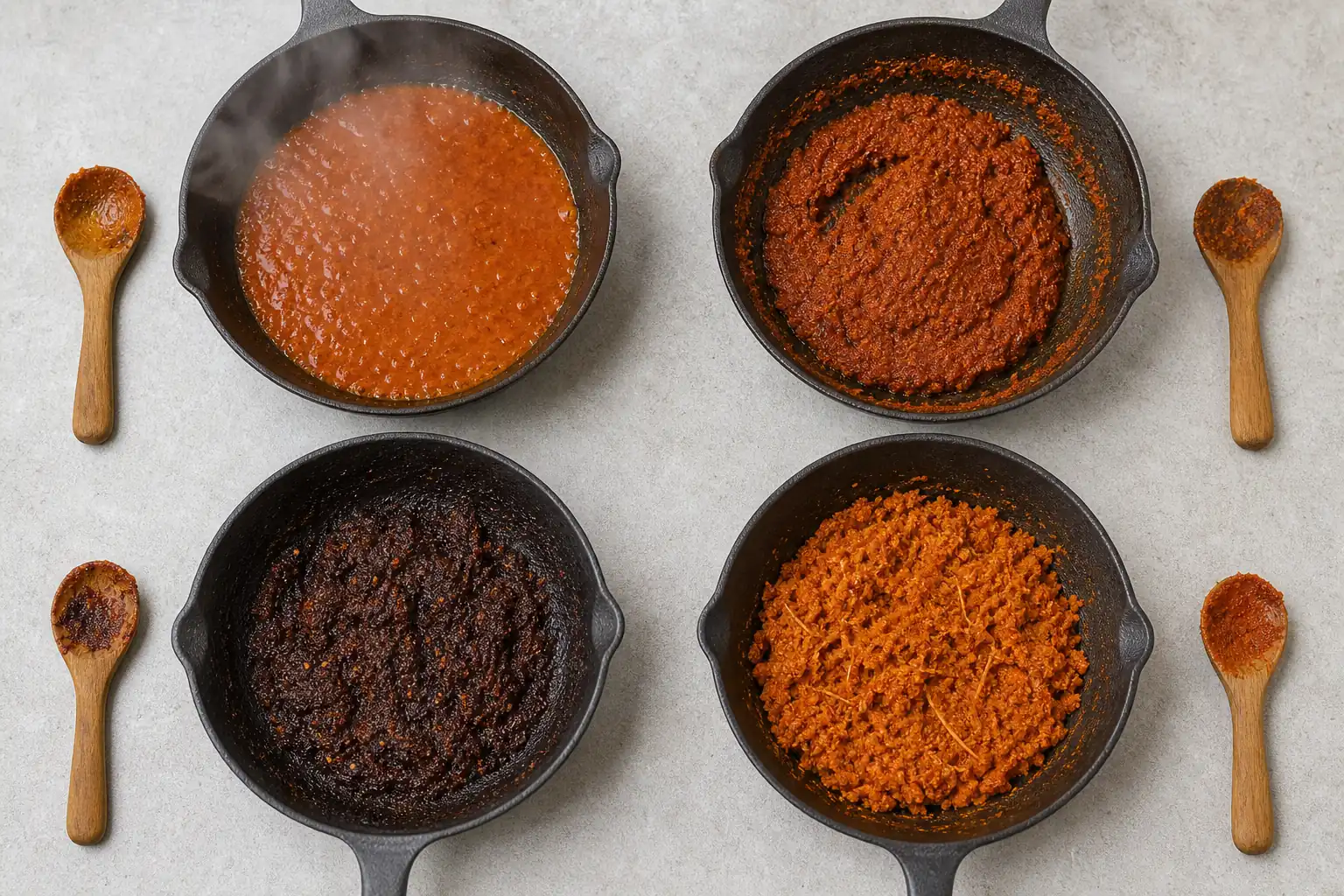 Four spice paste pan conditions showing watery, catching, scorched, and gritty textures - making spice pastes | KnowTheSpices