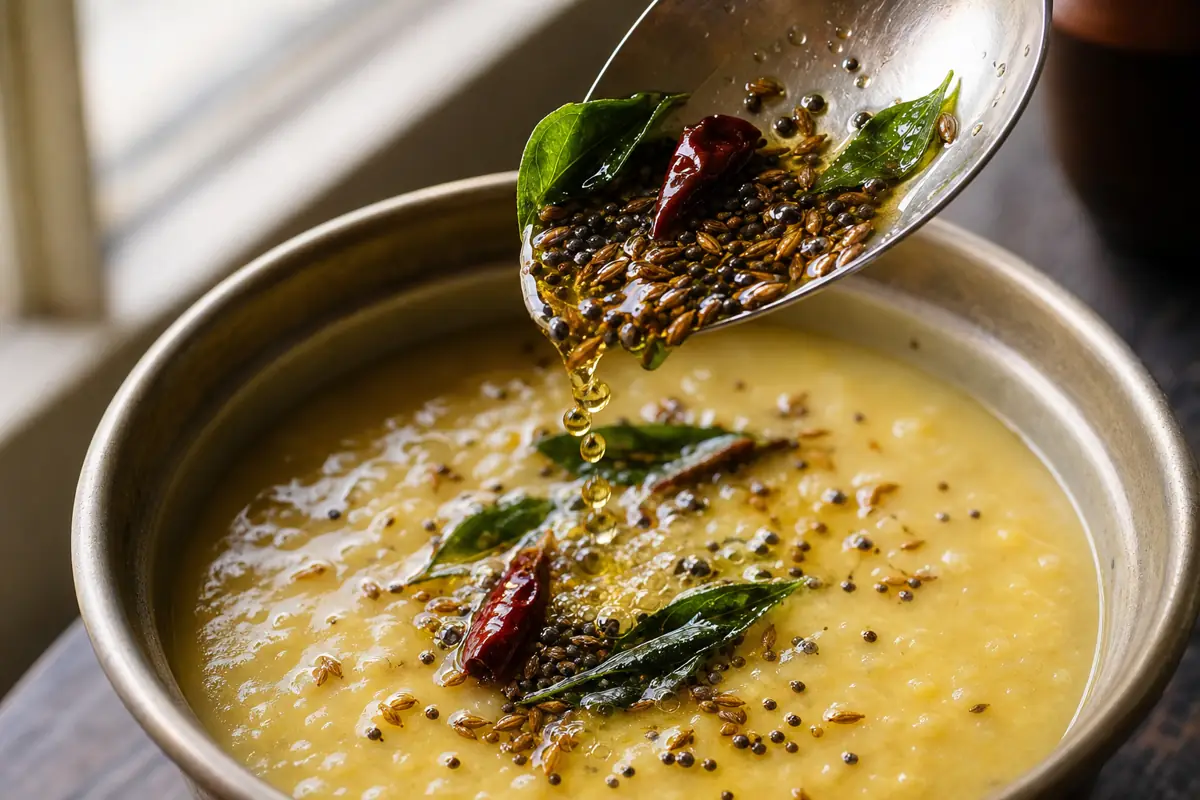 Spoon pouring cumin mustard chile and curry leaf tadka over pale dal - finishing tadka | KnowTheSpices