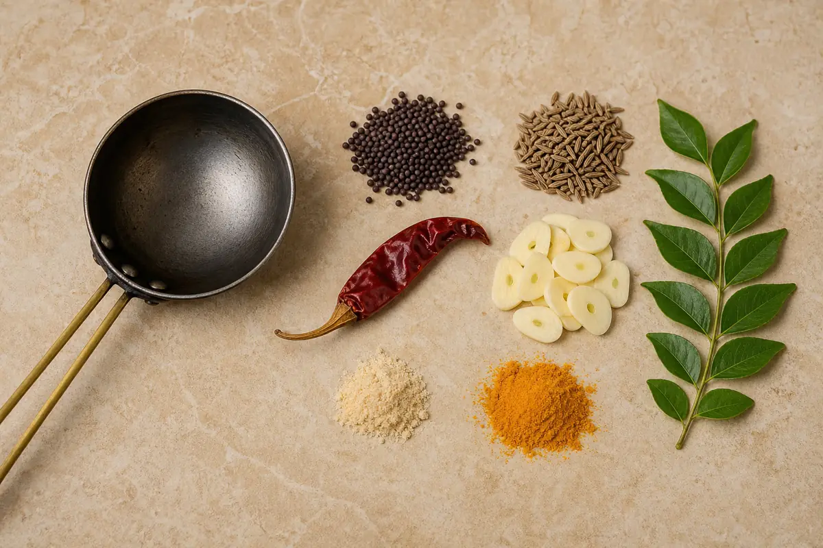 Mustard cumin curry leaves dried chile garlic asafoetida and turmeric arranged for tadka - tadka ingredients | KnowTheSpices