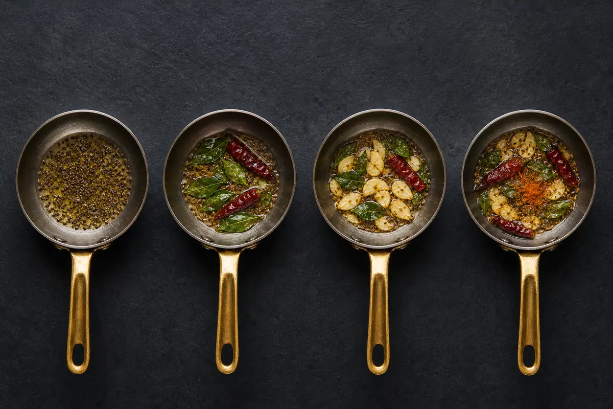 Four tadka stages showing mustard and cumin then curry leaves and chile then garlic then ground spice - tadka order | KnowTheSpices