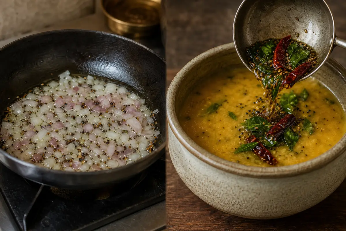Beginning tadka under cooking onions beside finishing tadka poured over dal - when to add tadka | KnowTheSpices