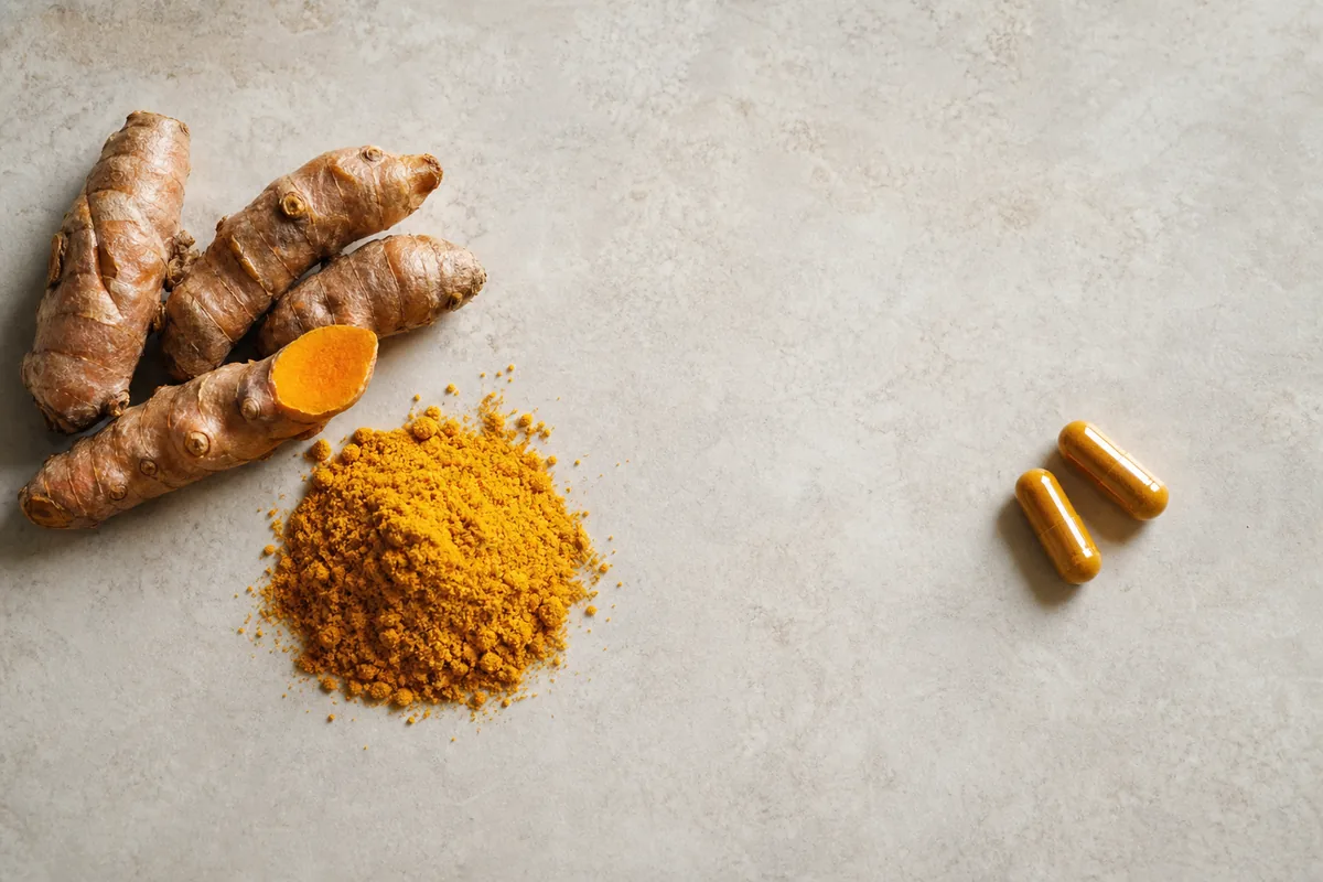 Fresh turmeric roots and golden turmeric powder on the left with two small supplement capsules on the right