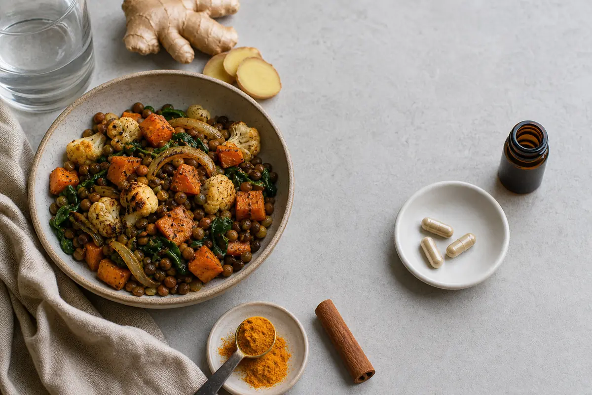 Seasoned lentil meal beside plain supplement capsules - food versus supplement spice exposure | KnowTheSpices