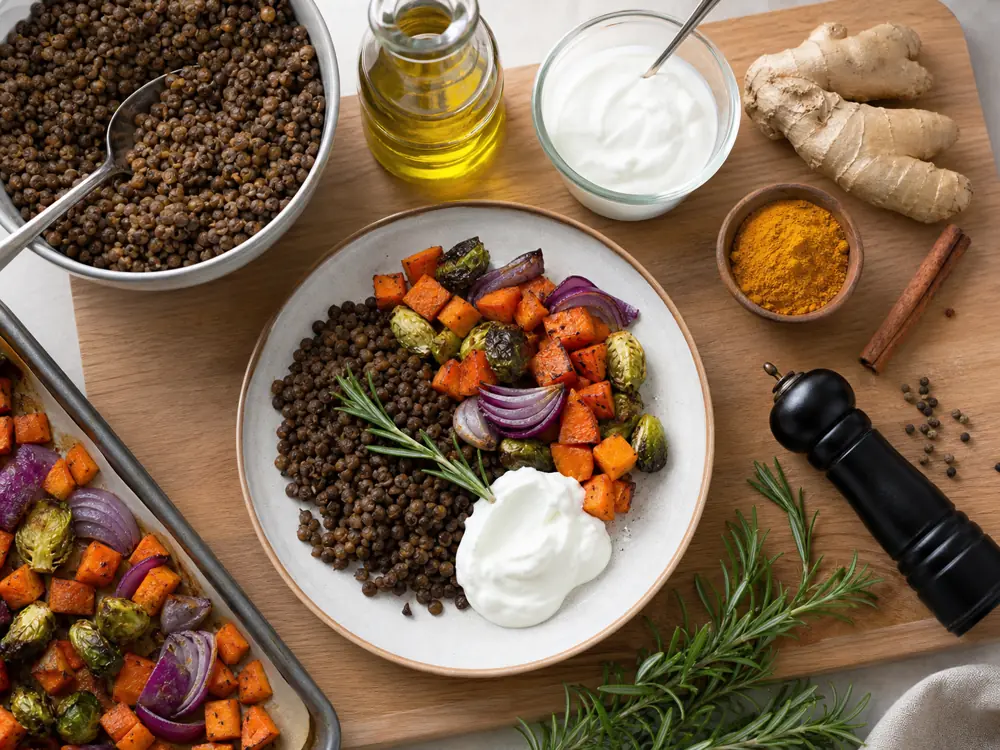 Plant-rich meal with lentils roasted vegetables yogurt turmeric ginger rosemary cinnamon and black pepper