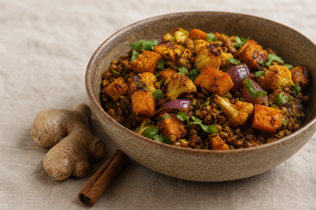 A rustic bowl of spiced roasted vegetables and lentils with fresh ginger and a cinnamon stick beside it