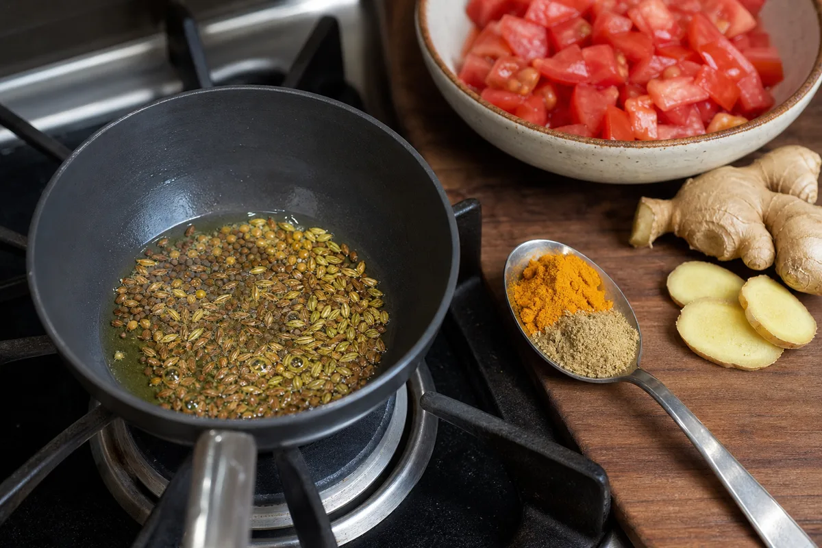 Cumin mustard and fennel seeds blooming in oil followed by ground turmeric and coriander then fresh ginger - cooking Ayurvedic spices | KnowTheSpices